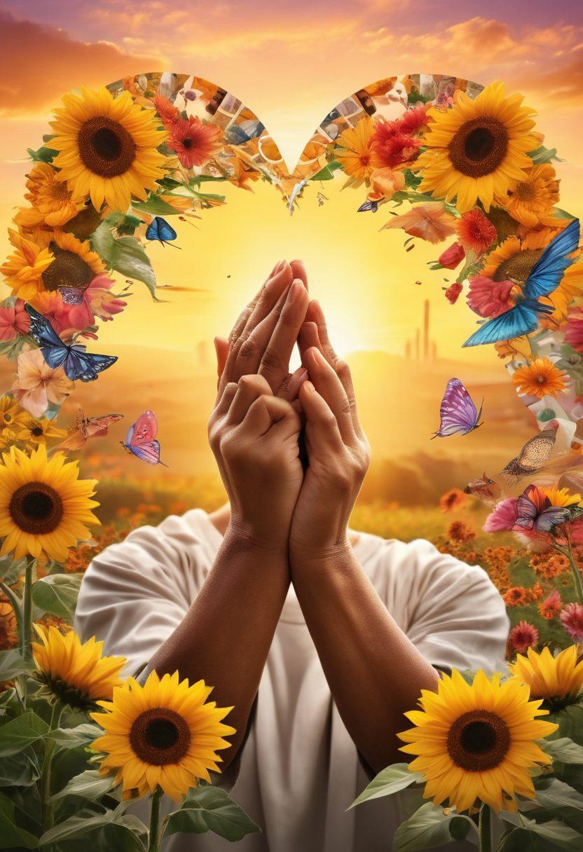 A vibrant collage of diverse cancer warriors, showcasing their strength and resilience, surrounded by symbols of hope like ribbons and sunflowers. Incorporate elements of support, such as hands joining together and hearts filled with courage. The background should depict a soft sunrise, symbolizing new beginnings and survival. super-realistic. warm colors. uplifting atmosphere.